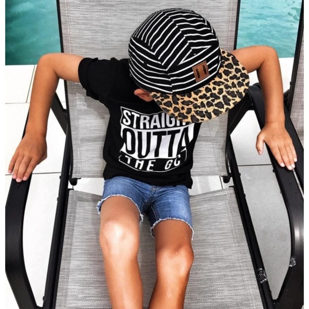 Beau Hudson Kids' 5 Panel Cap, BW Stripes on Leopard Bill